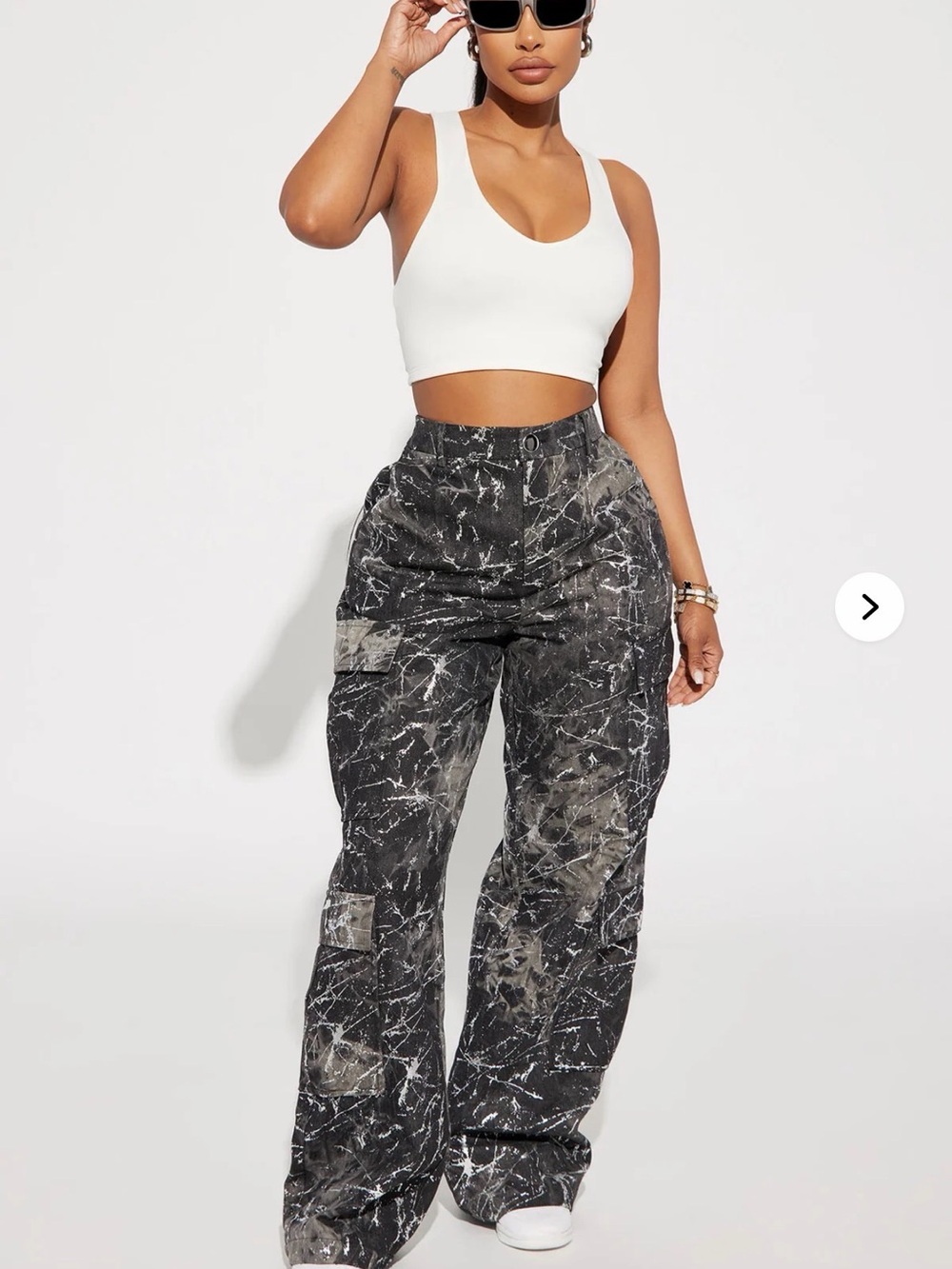 Fashion Nova White Crop Tank with Black Marble Wide-Leg Cargo Pants